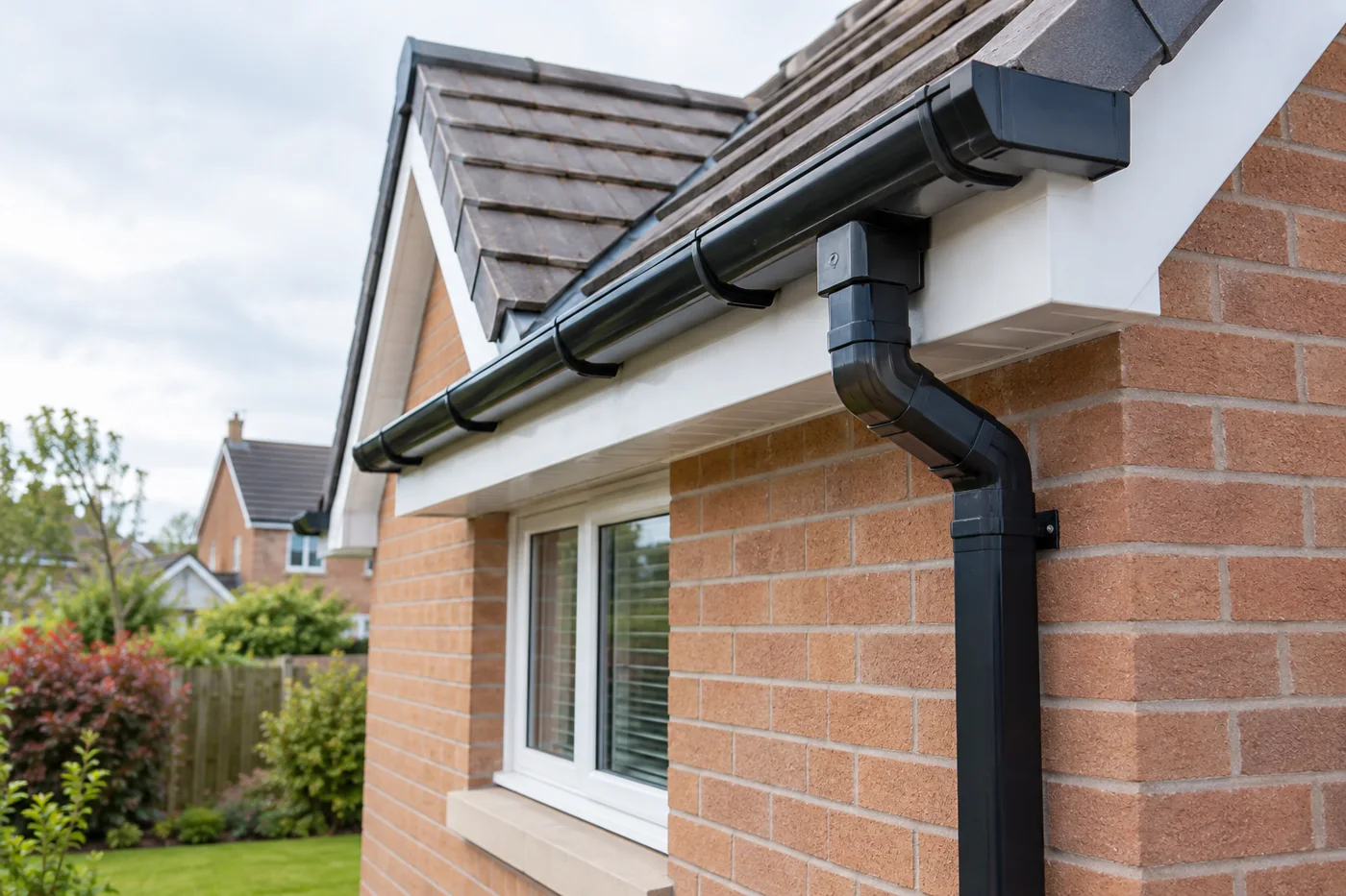 Guttering and fascia beneath domestic eaves