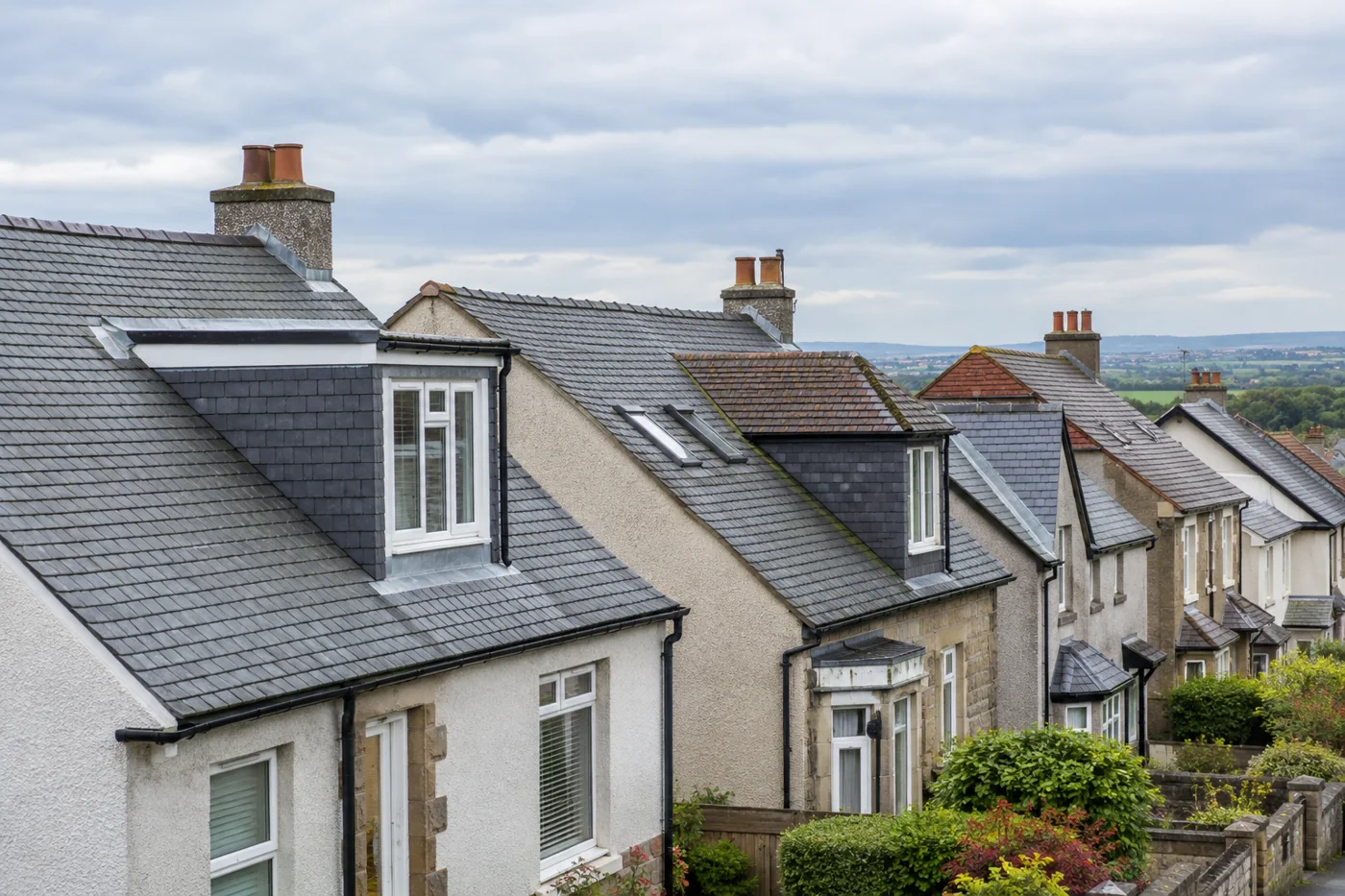 Pitched roofs along a residential street