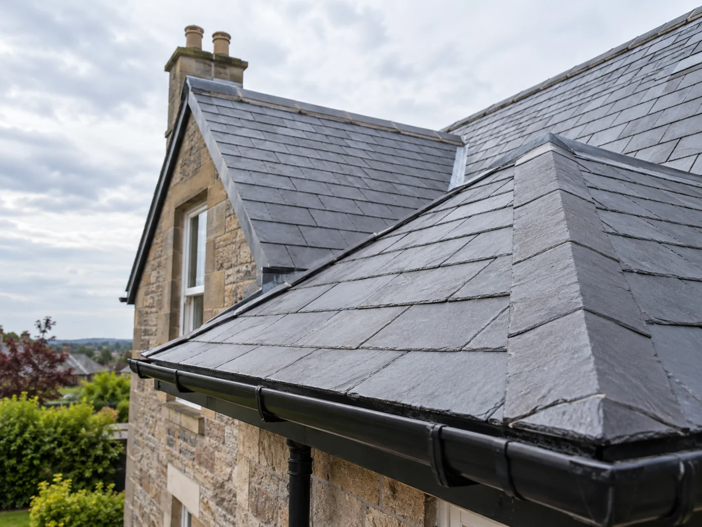 Natural slate roof eaves and gutter edge