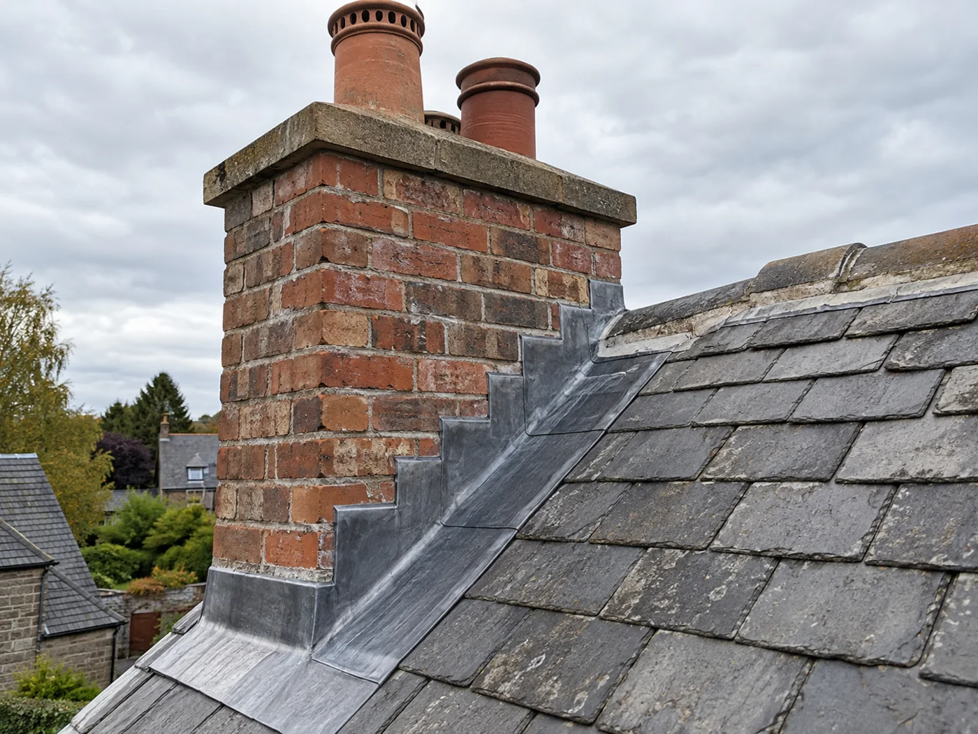 Brick chimney with pots and stepped lead flashing